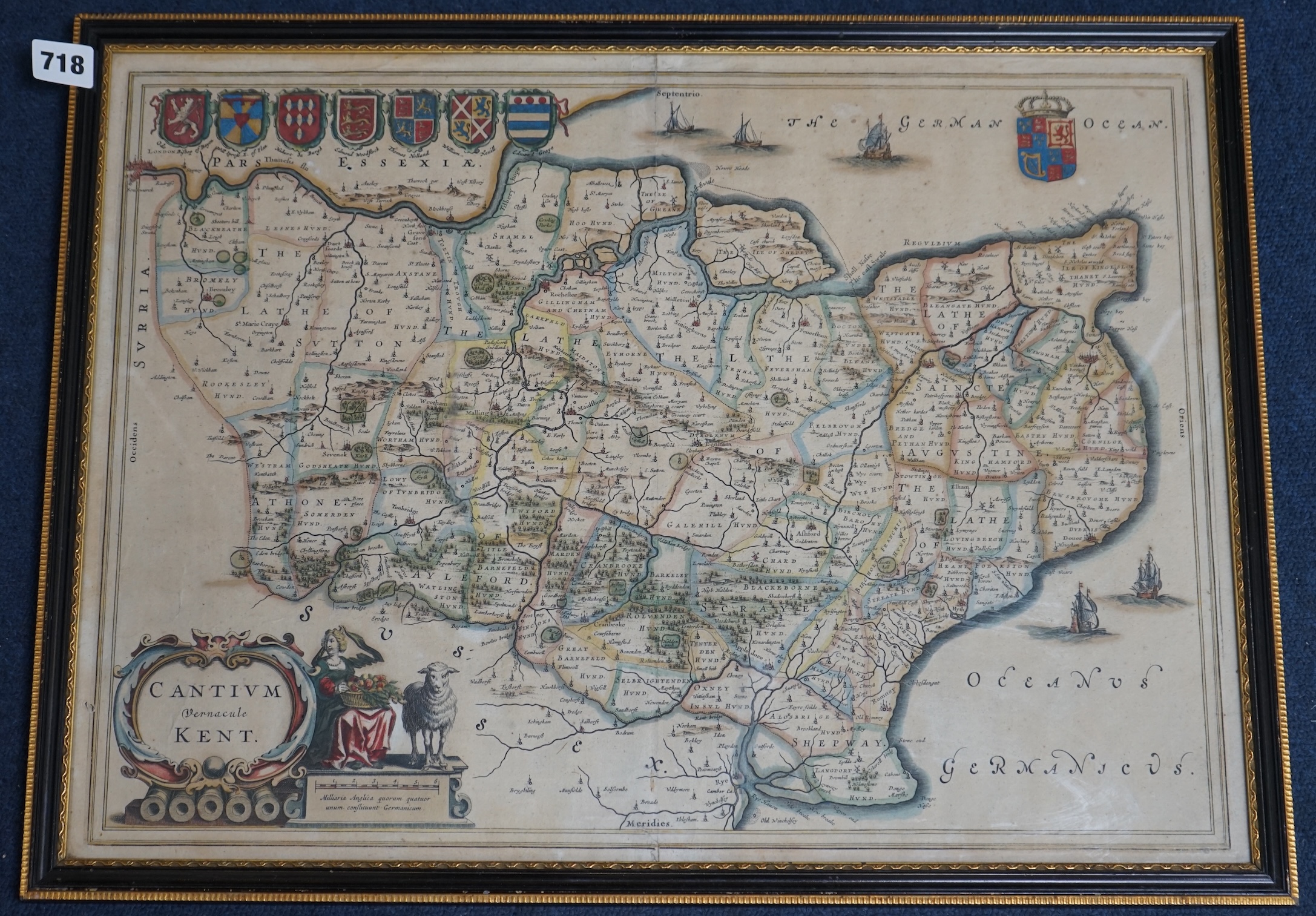 After Joan Blaeu (1596-1673), hand coloured engraved map of Kent, 39 x 54cm. Condition - poor to fair